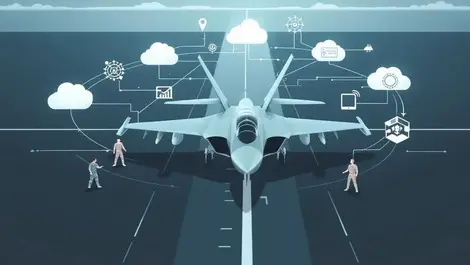 Jet on runway cloud connectivity data flow military tech collaboration
