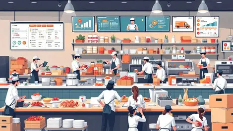 Restaurant kitchen staff managing food inventory scanning invoices delivery tracking digital screens