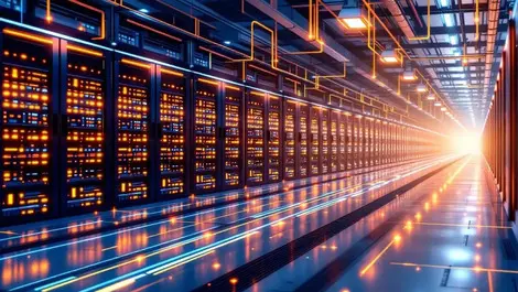 Large modern data center interior server racks glowing cables advanced networking storage