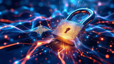 Metallic padlock targeted by digital waves quantum patterns glowing data network