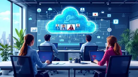 Modern office multinational business video calls cloud connectivity europe uk