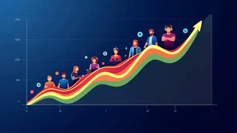 Line graph multiple rising curves gamer avatars customer retention market growth gaming sector