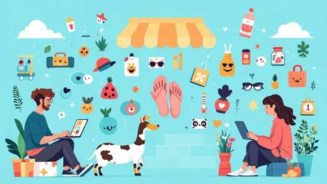 Young shoppers browsing laptops mobile devices colorful eco friendly products