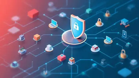 Digital illustration shield protecting interconnected computer networks uk cyber security supply chains