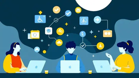 University students using laptops tablets digital icons accessibility online education