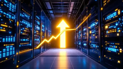 Realistic server room racks blinking servers cables cooling upward arrow data speed efficiency