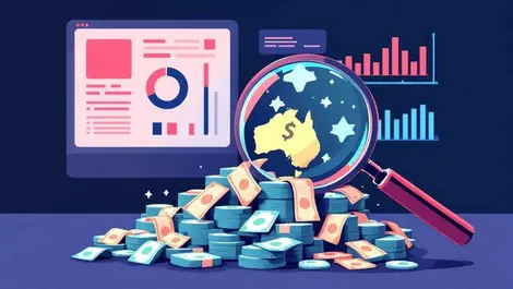 Magnifying glass focusing on australian money ad budget waste digital marketing dashboard