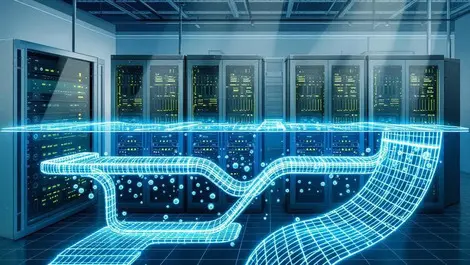 Modern data center server racks immersed in cooling fluid illustration