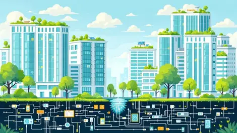 Modern canadian office buildings green rooftops solar panels trees disconnected it cables