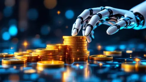 Photorealistic close up digital stablecoins on reflective surface with ai robotic hand