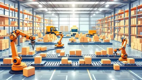 Realistic robotic arms conveyor belts moving packages energy efficient warehouse