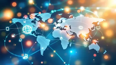 Simplified world map glowing network lines digital icons central dashboard