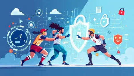 Sports team defensive line blocking attackers with digital shields locks cyber defense