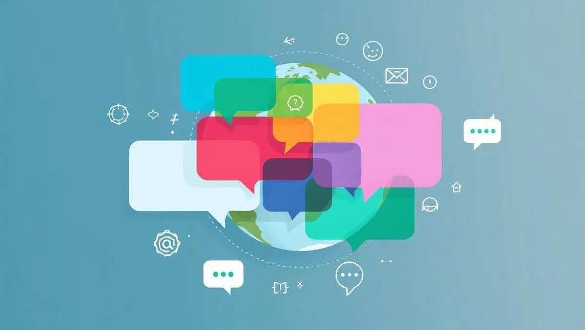 Illustration multicolored speech bubbles overlapping globe digital communication icons