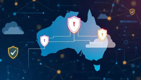 Secure cloud over australia map with data flow shields digital network