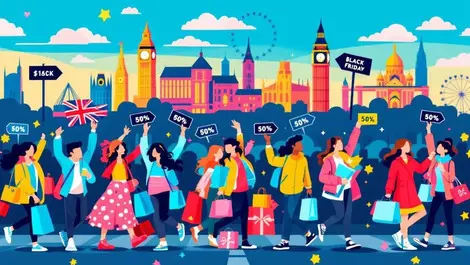 Vibrant illustration enthusiastic shoppers uk landmarks black friday