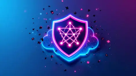 Shield emblem cloud server network icons blocking malware symbols