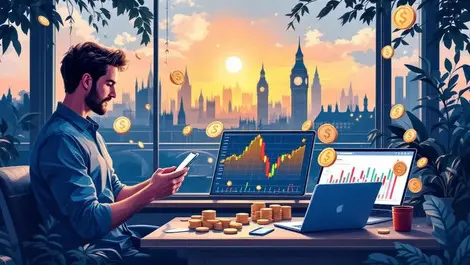 Uk retail investors digital trading london skyline warm optimistic
