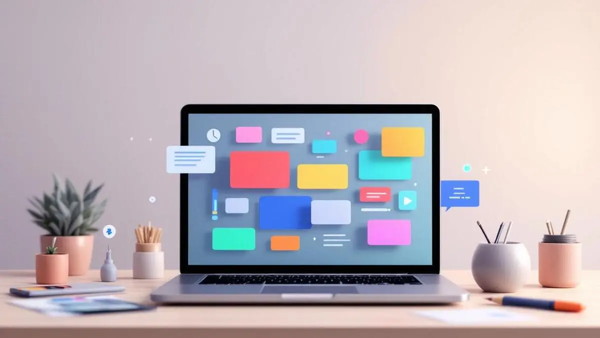 Visual app builder laptop draggable panels coding icons desk