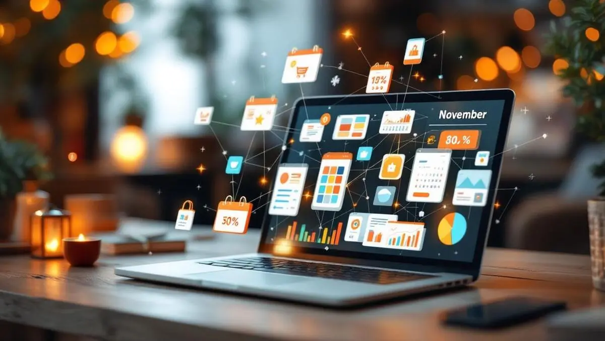 Ai holiday shopping dashboard laptop on wooden desk november