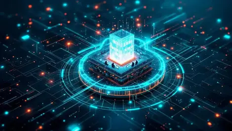 Cinematic neural shield over corporate office cybersecurity scene