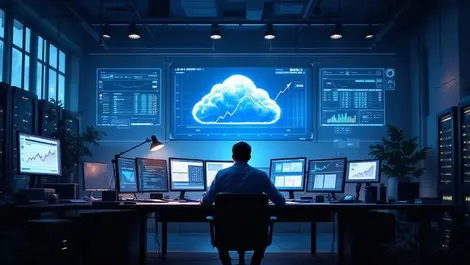 Worried cfo in modern tech office rising cloud cost graph ai