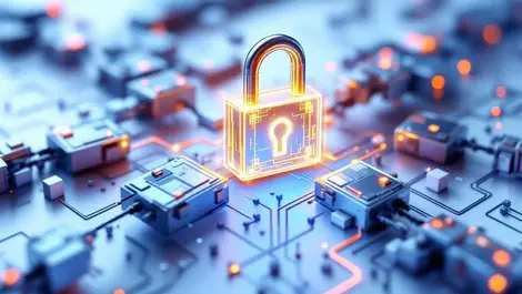 Blockchain chain around glowing circuit lock quantum safe blue