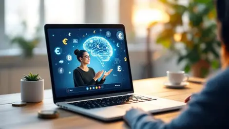 Online language tutor video call ai brain currency globe scene