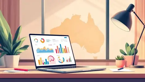 Australian office laptop analytics charts flat design warm scene