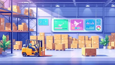 Modern indian warehouse b2b logistics forklifts digital dashboards