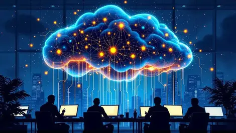 Ai neural cloud over office cyber threats brand risk scene