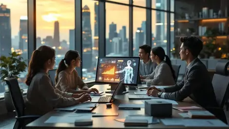 Singapore office sales team with translucent ai screens skyline view