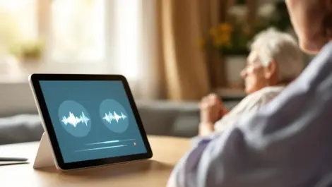 Uk hospice nurse patient bed tablet audio waveform care scene