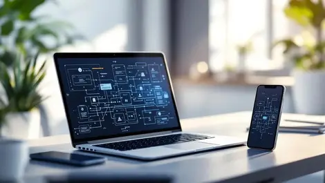Os deep ai assistant network laptop phone on modern desk scene