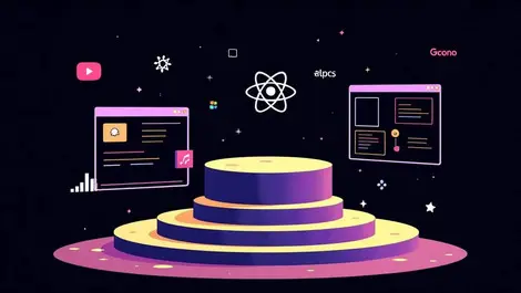 React foundation pedestal with apps and geometric tech icons vector