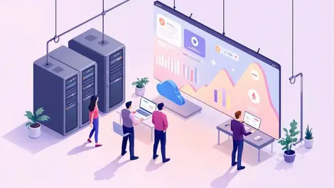 Isometric server room cloud dashboard kubernetes costs incidents growth