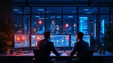 Night corporate office cybersecurity team incident response scene