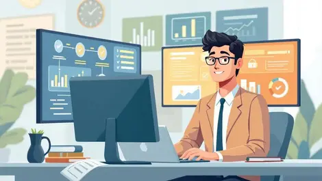 Modern bank operations office analyst screens streamlined payments