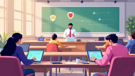 Indian university classroom governed ai learning icons shield
